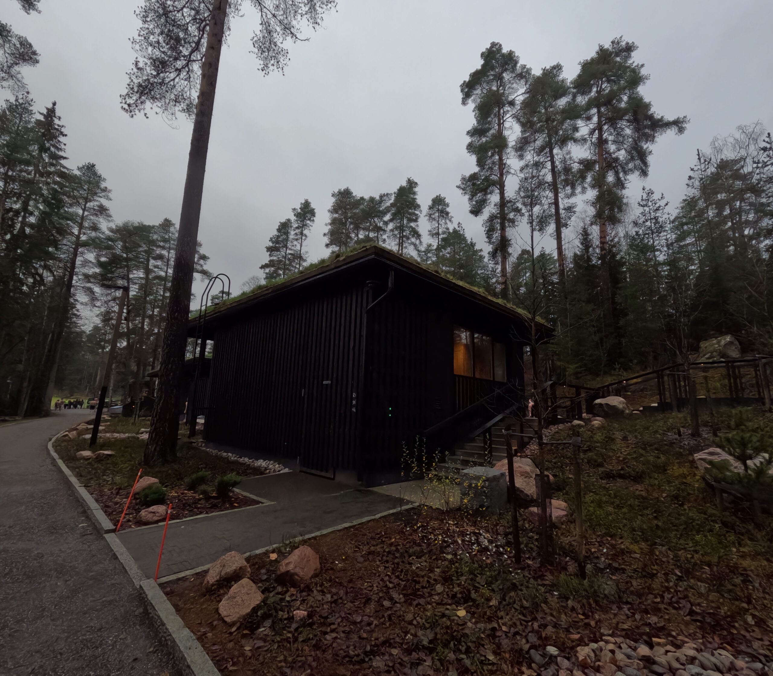 Kuusijärvi新設スモークサウナHavu & Pihka棟｜草屋根と黒い木製外壁、曇り空の下の針葉樹林に囲まれた現代的エコ建築｜ヴァンター市