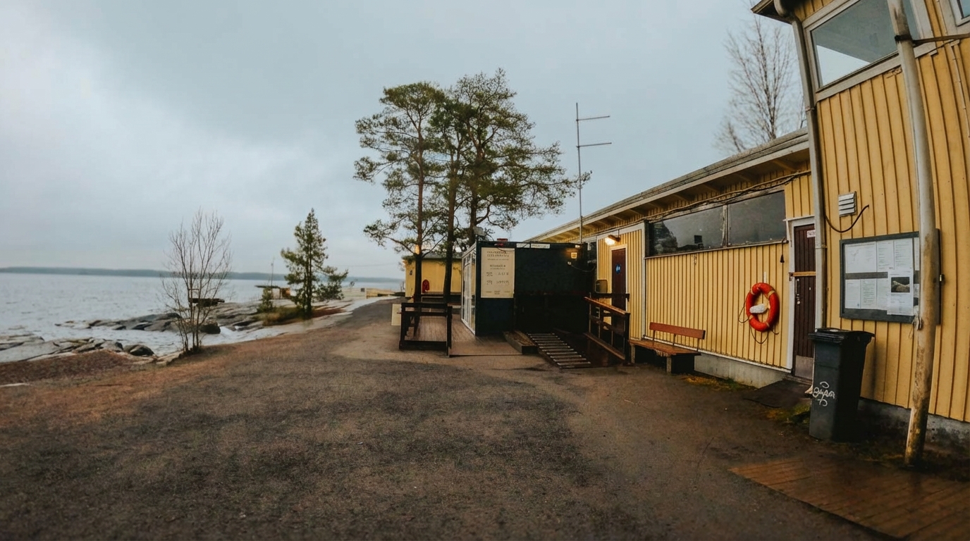 Rauhaniemi Folk Spa施設全景｜黄色い木製壁面の平屋建物、左手にグリル小屋、右手に大小2つのサウナ棟、ナシ湖畔に並ぶ松の木、曇り空の下の湖畔サウナ｜タンペレ