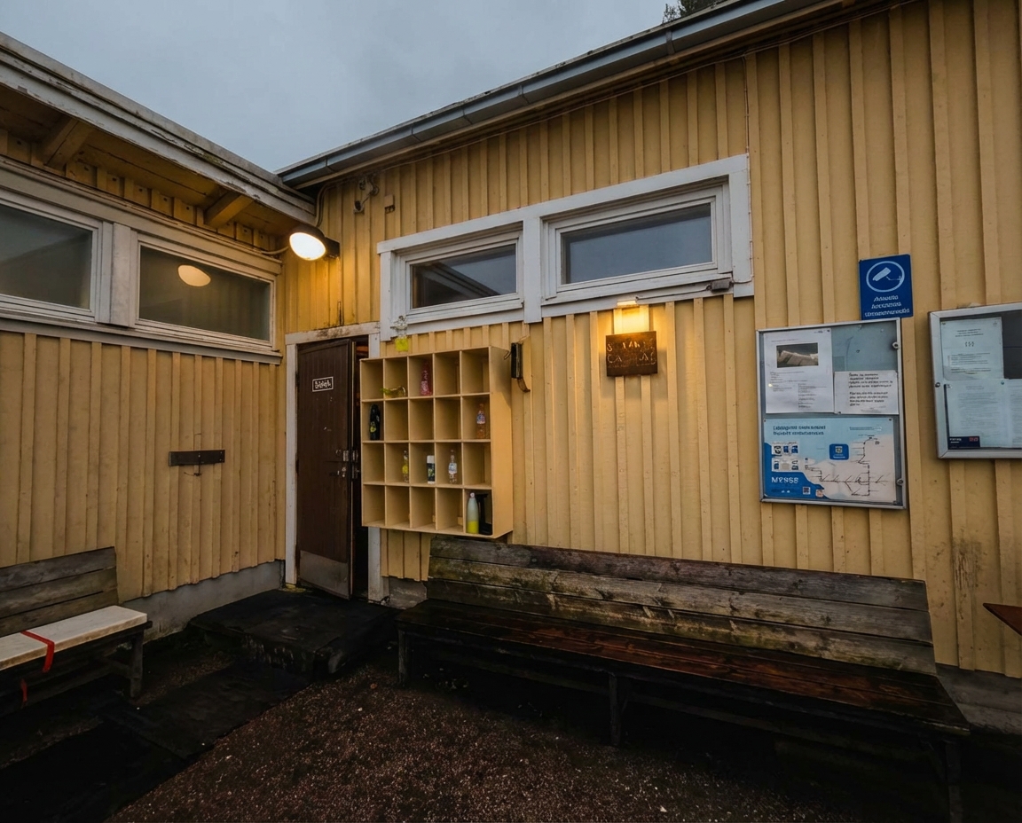 Rauhaniemi Folk Spa大型サウナの外観｜奥に薪ストーブ、L字型でコンパクト、地元民がバンバンロウリュ、明るい雰囲気の100℃薪サウナ｜10名収容可能｜タンペレ