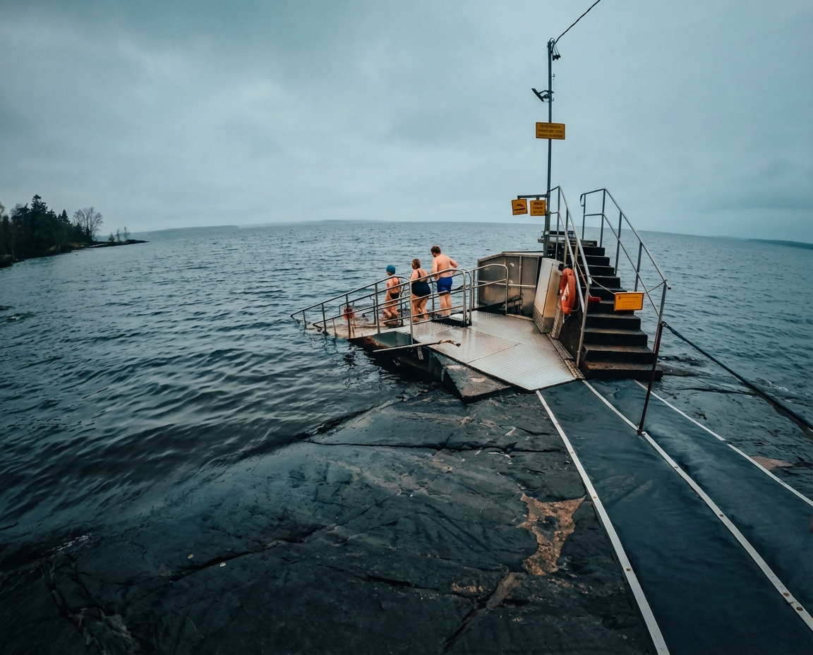Rauhaniemi Folk Spaの湖上桟橋プラットフォーム｜金属製手すり付き浮遊式桟橋、水着姿の利用者3名、救命浮き輪と階段設置、曇り空のナシ湖に浮かぶ安全な入水設備｜タンペレ