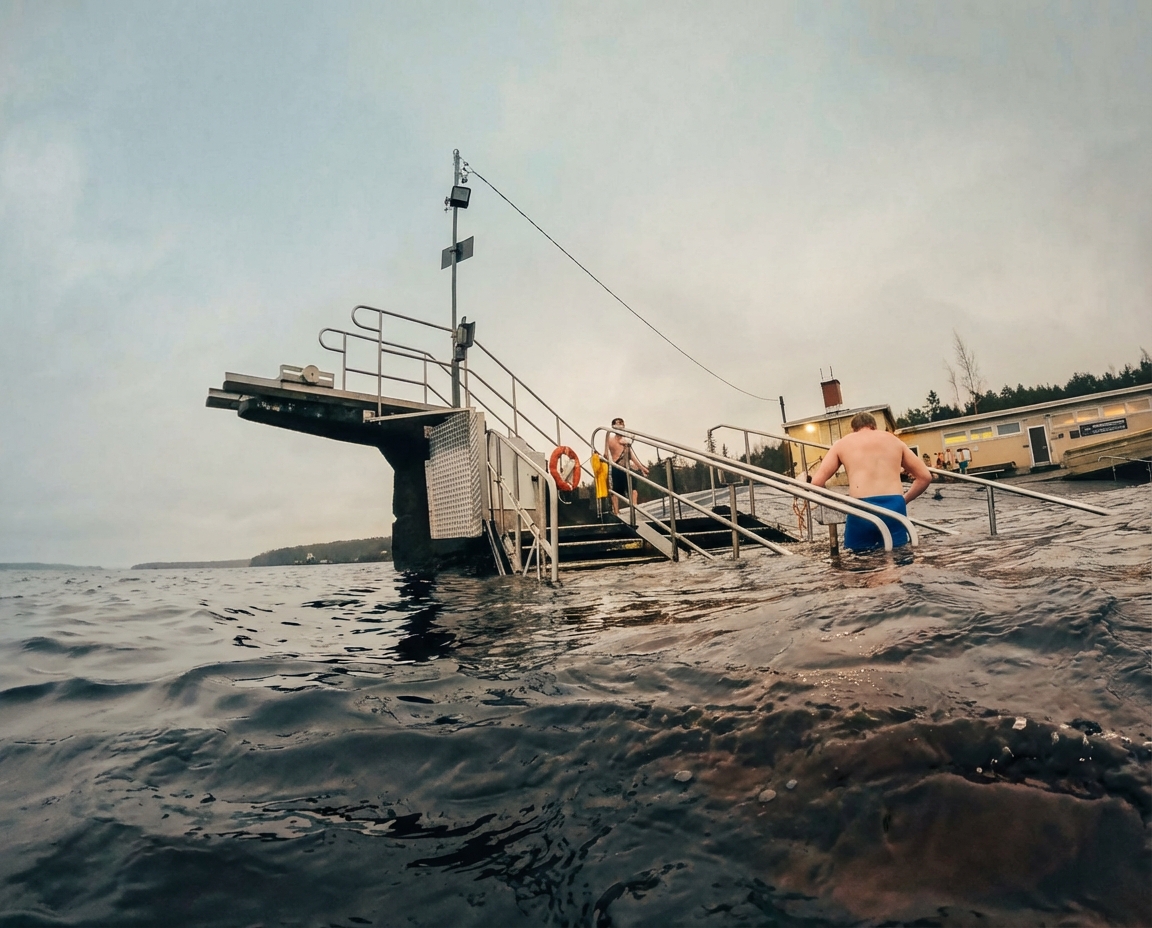 Rauhaniemiのナシ湖入水シーン｜水面から見上げる桟橋階段、青い水着の男性が湖に入る瞬間、背景に黄色いサウナ施設、波立つ湖面｜水風呂体験の臨場感｜タンペレ
