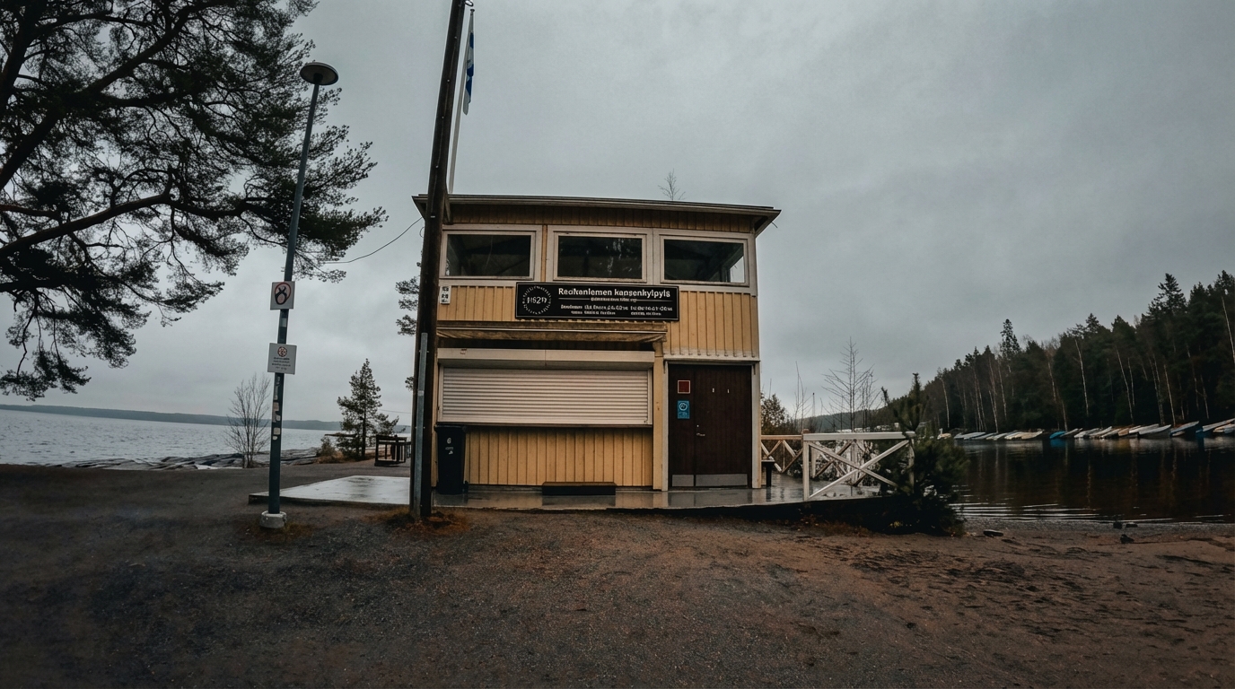 Rauhaniemi Folk Spa受付建物正面｜黄色い木製外壁の2階建て、1階に受付窓口シャッター、看板「Rauhaniemen kansankylpylä」、ナシ湖畔の桟橋前に建つ歴史的建築｜タンペレ