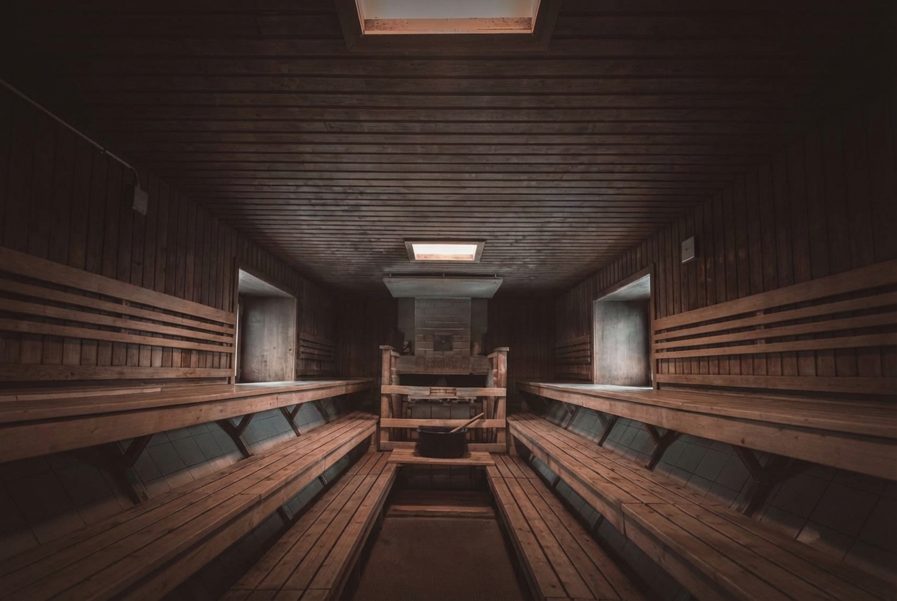 Rauhaniemi Folk Spa大型サウナ室内｜奥に薪ストーブ、左右3段の木製対面座面、天井小窓から採光、緑のクッション敷かれた薄暗い雰囲気の110℃薪サウナ｜30名収容可能｜タンペレ