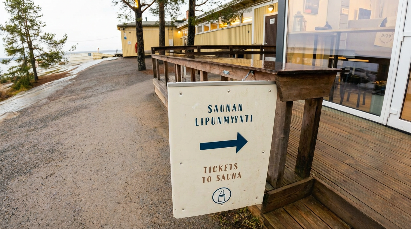 Rauhaniemi Folk Spaのサウナ案内看板｜白地に紺色と茶色の文字「SAUNAN LIPUNMYYNTI」「TICKETS TO SAUNA」右矢印、サウナアイコン、木製デッキ上に設置された多言語対応案内板｜タンペレ