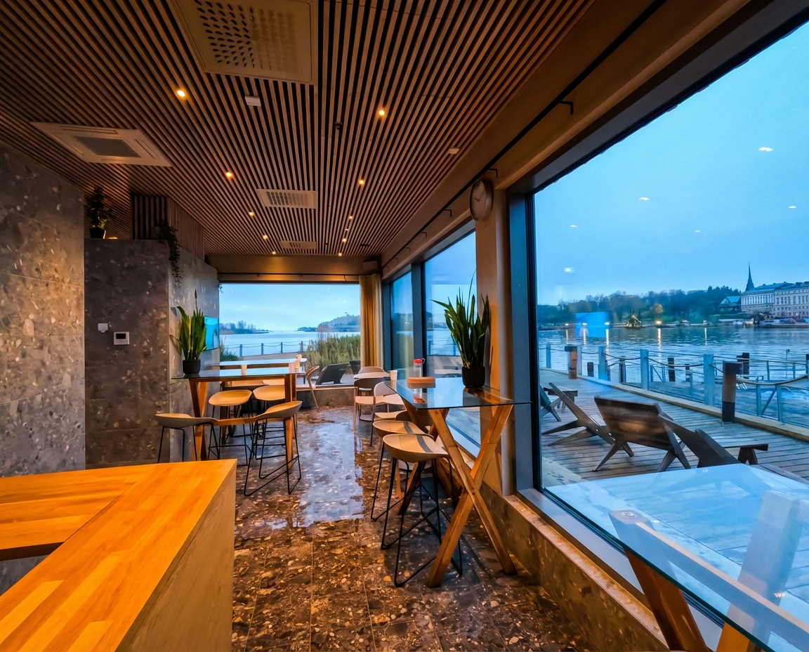 Allas Sea Poolカフェ休憩室｜大きな窓からバルト海を望む木製テーブルと椅子が並ぶモダンなインテリア、アースカラーの落ち着いた雰囲気、外にウッドデッキが見える｜フィンランド・ヘルシンキ