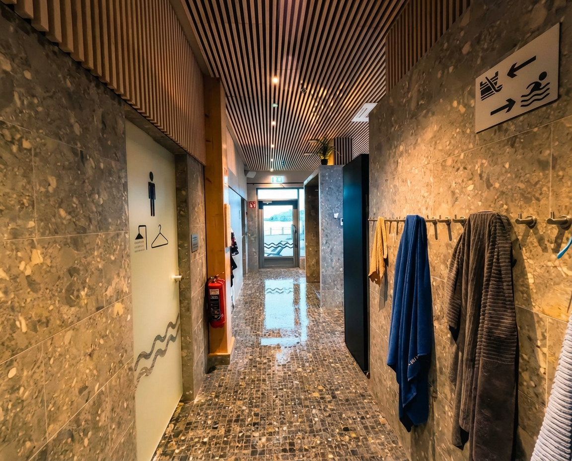 Allas Sea Pool更衣室廊下｜テラゾー床と木製スラット天井のモダンな内装、壁にタオル掛けフック、更衣室・シャワー・サウナへの案内表示、奥に明るい出口｜フィンランド・ヘルシンキ