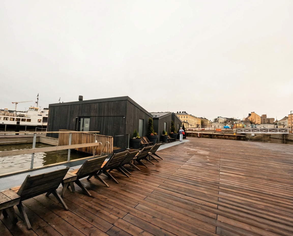 Allas Sea Poolデッキチェアエリア｜木製デッキに並ぶリクライニングチェア、プールサイドの休憩スペース、背景にヘルシンキの街並みとバルト海が広がる曇り空の日｜フィンランド・ヘルシンキ