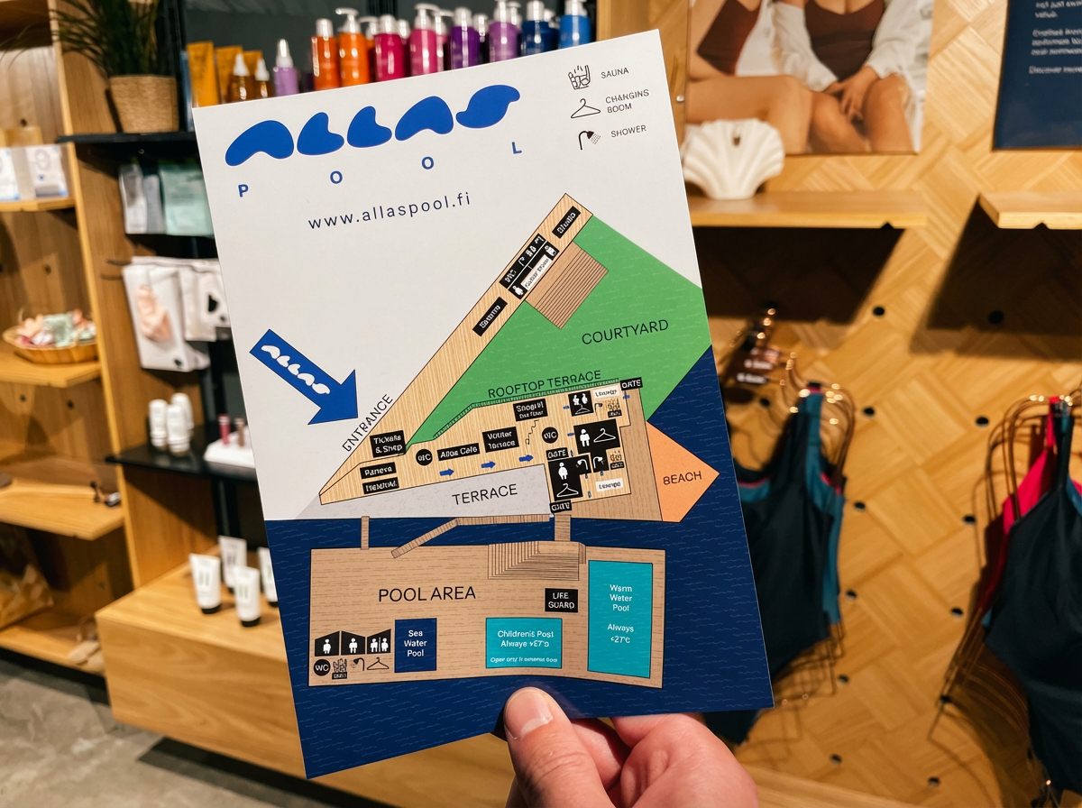 Allas Sea Pool施設案内図｜プールエリア・テラス・サウナ・ビーチの配置を示す青と緑のカラフルなマップ、木目調デザインのウッドデッキと青いバルト海｜フィンランド・ヘルシンキ