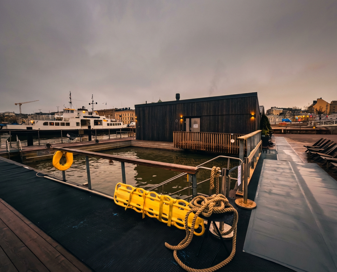 Allas Sea Poolフローティングサウナ外観｜バルト海に浮かぶ黒い木製サウナ小屋、手すり付き海水プール、黄色い救命浮き輪とロープ、背景にフェリー船と曇り空｜フィンランド・ヘルシンキ