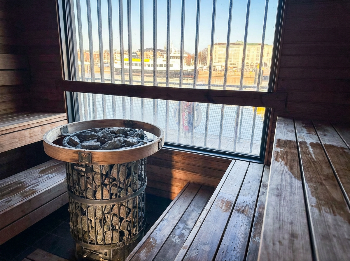 Allas Sea Poolパノラマサウナ室内｜中央にHARVIA製電気ストーブとサウナストーン、木製ベンチ、大きな窓からバルト海とヘルシンキの街並みを一望できる開放的な空間｜フィンランド・ヘルシンキ