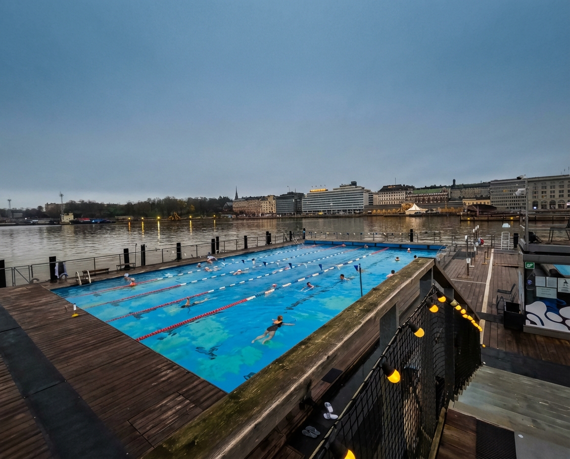 Allas Sea Pool温水プール｜25mレーン付き温水プール27℃で泳ぐ人々、木製デッキに囲まれ背景にヘルシンキの街並みとマリーナが広がる朝の景色｜フィンランド・ヘルシンキ