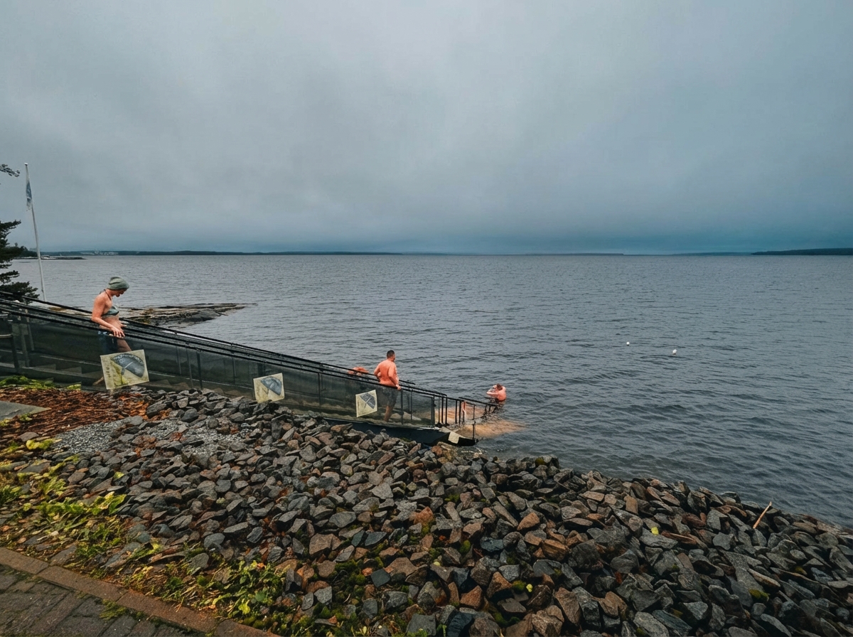 Kaupinojan Saunaナシ湖入水階段｜金属製手すり付き階段を降りて湖へアクセス、オレンジ色の水着姿の人々が泳ぐ10℃の天然水風呂、岩場の湖岸と曇り空｜フィンランド・タンペレ