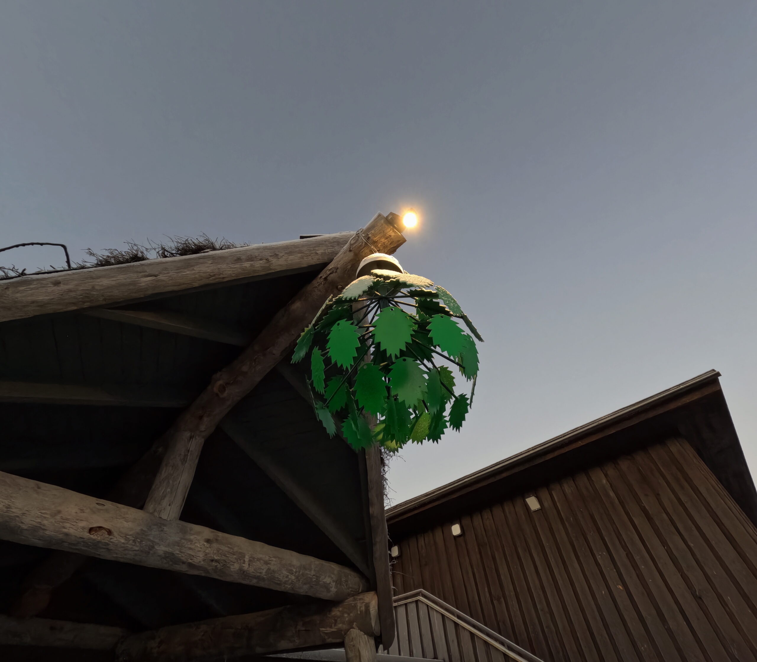Kiilopää施設外観｜屋根の軒先に吊るされた緑色の葉っぱ模様の装飾ランプ、薄暗い空と丸太造りの建物、霜が付いた幻想的な雰囲気｜フィンランド・サーリセルカ・北極圏