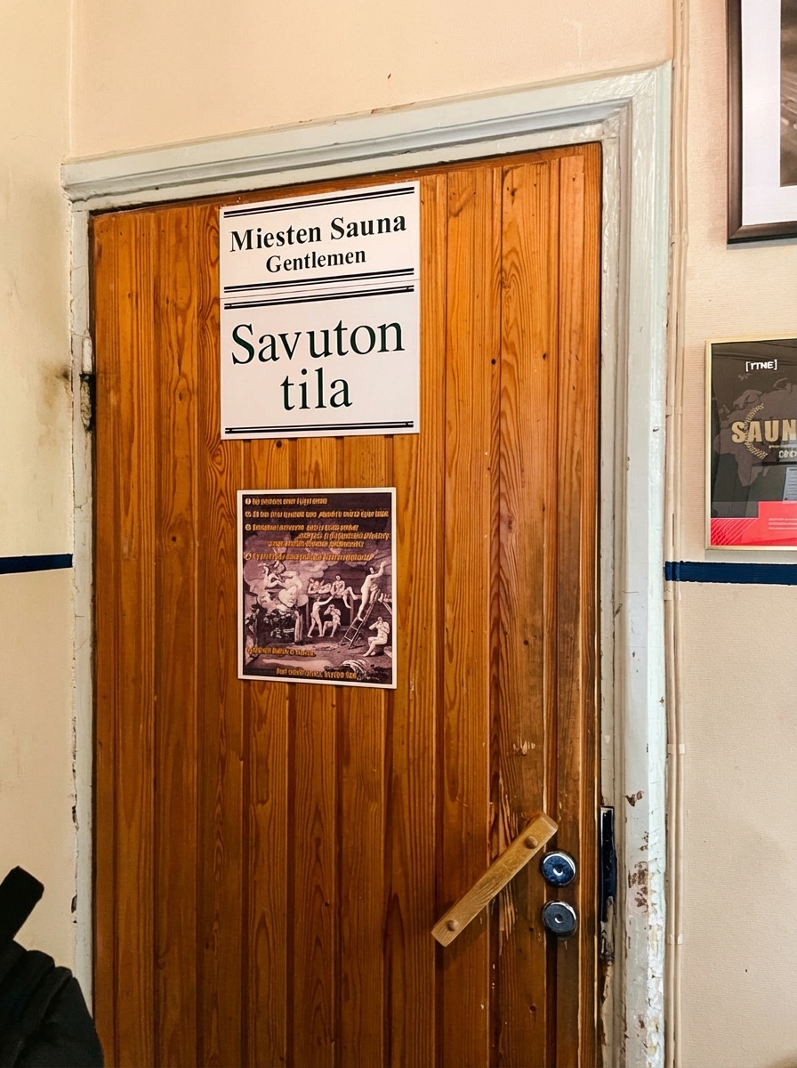 Kotiharjun Sauna男性サウナ室入口｜「Miesten Sauna Gentlemen / Savuton tila（禁煙スペース）」白黒サイン、縦板張りオレンジ色木製ドア、黒い金属ハンドル、壁にサウナポスター掲示｜ヘルシンキ