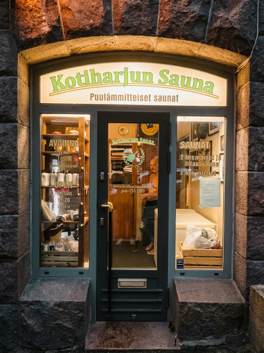 Kotiharjun Sauna店舗入口｜石造りアーチ型入口に緑色の木製ドア、「Puulämmitteiset saunat（薪サウナ)」看板、ガラス窓から見える内装、営業時間表示｜ヘルシンキ最古の公衆サウナ｜フィンランド