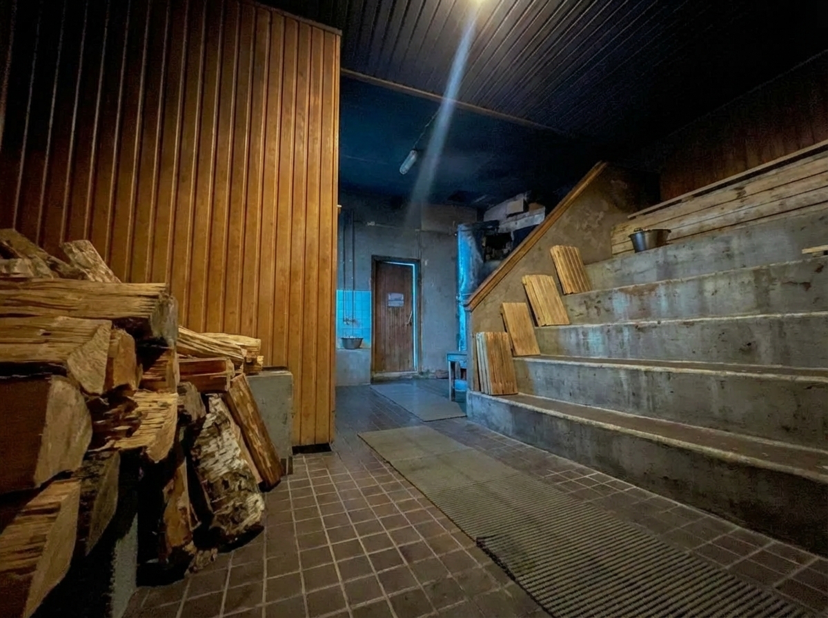 Kotiharjun Sauna薪置き場とサウナ入口｜左側に積まれた白樺の薪、青いタイル壁、木製縦板張り外壁、コンクリート段差とグレーチング床、奥に茶色木製ドア｜薪サウナ準備エリア｜ヘルシンキ