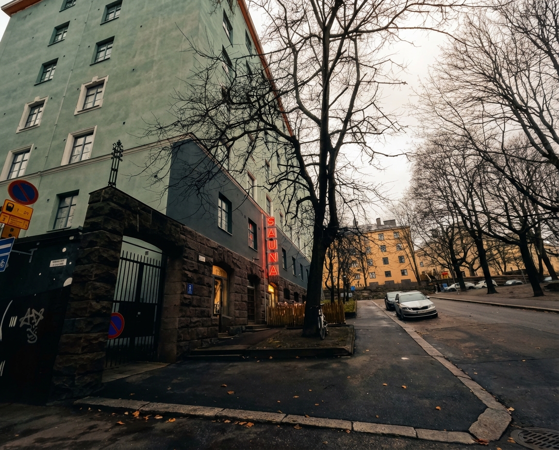 Kotiharjun Sauna外観｜グレーの5階建てアパート建物1階、赤いネオン「SAUNA」縦看板、閑静な住宅街の交差点、落ち葉の散る秋の風景、駐車禁止標識｜ヘルシンキ・カリオ地区｜フィンランド