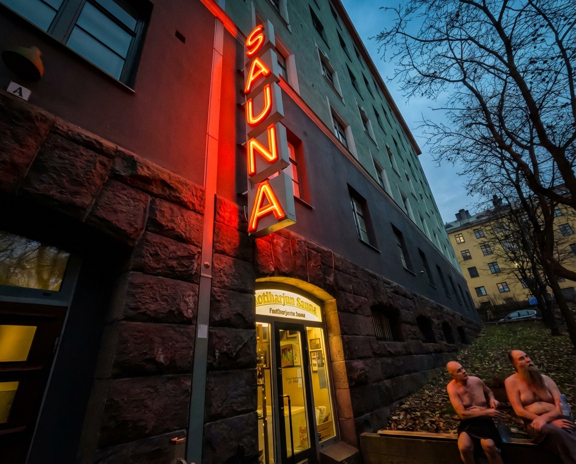 Kotiharjun Sauna名物の赤いネオン縦看板「SAUNA」｜夕暮れ時に輝く赤いネオン、石造り建物外壁、店前ベンチで腰タオル姿で外気浴するフィンランド人2名、街路樹の枝、グレーの空｜ヘルシンキ