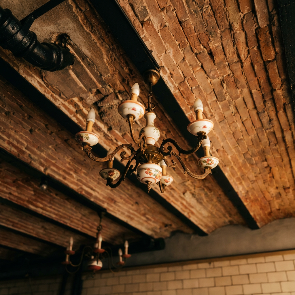 Leili Saun天井装飾｜レンガアーチ天井に吊り下げられた陶器製シャンデリア、黒い配管とのコントラストが美しい歴史的内装｜タリン・エストニア
