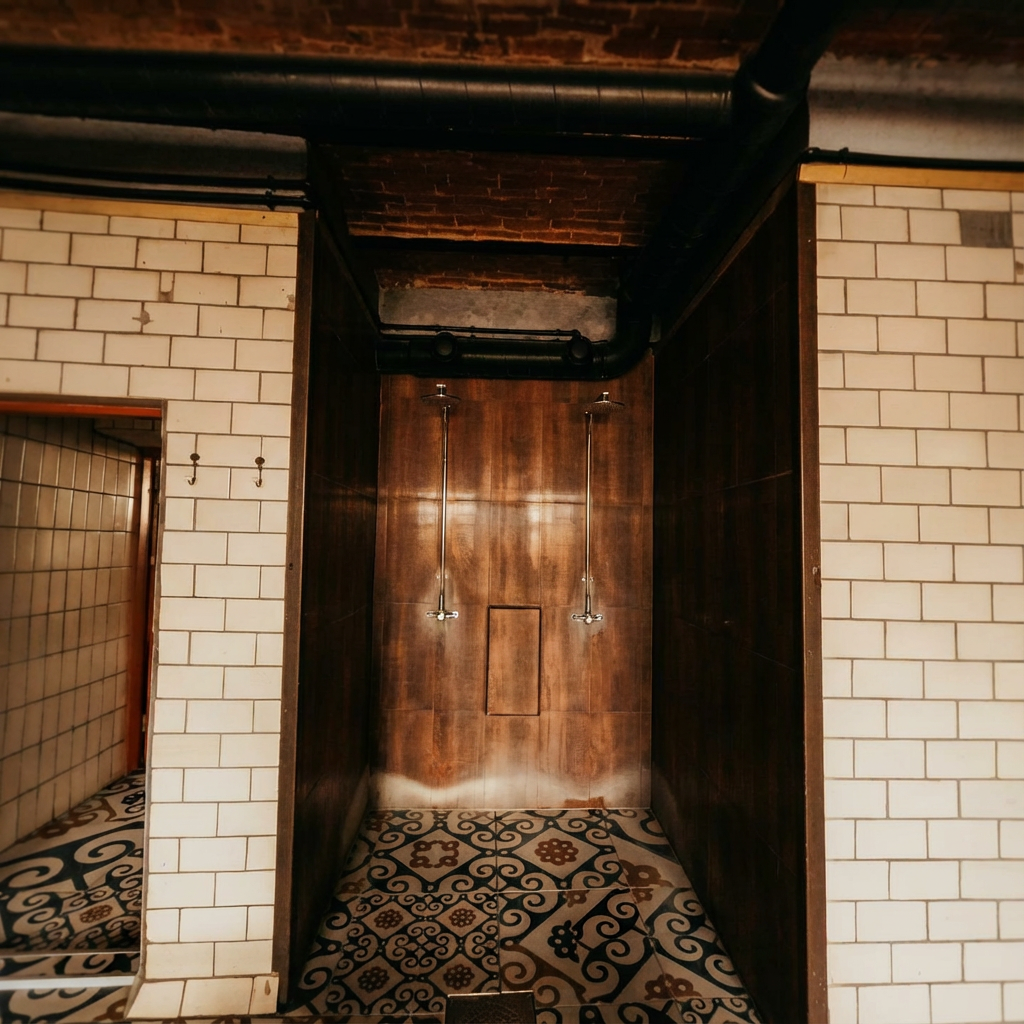 Leili Saun冷水シャワールーム｜白タイルの壁面と木製ドアを備えた冷却スペース、クラシックなシャンデリア照明が天井に配置｜タリン・エストニア