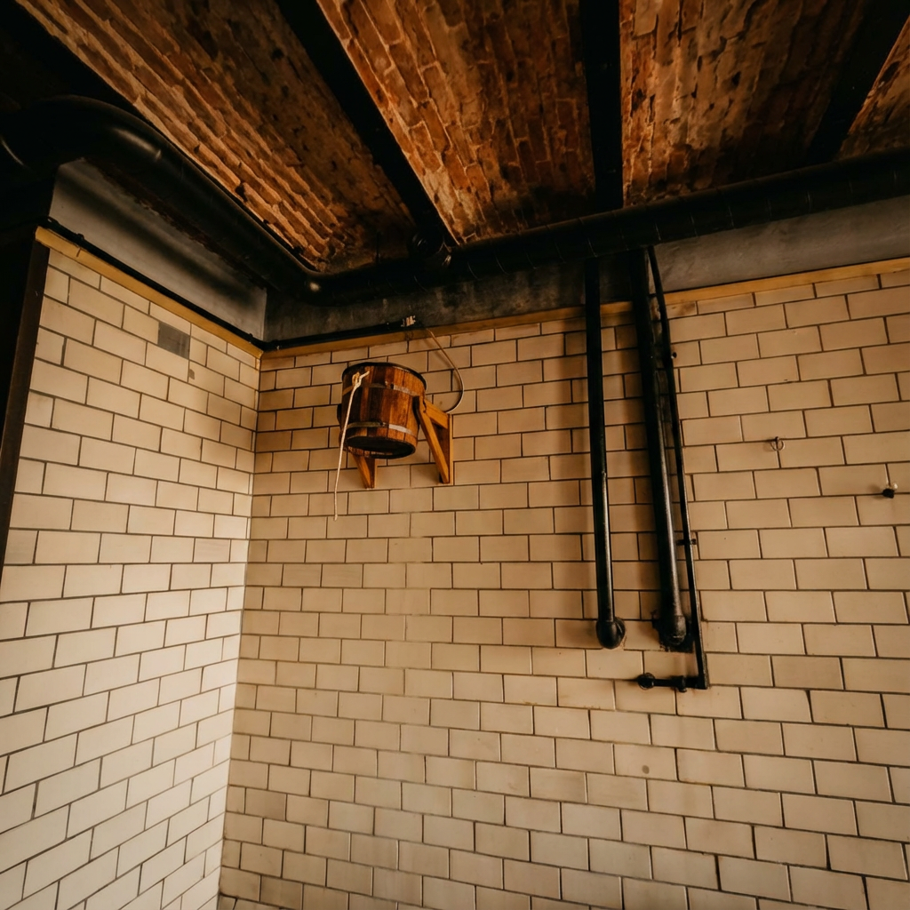 Leili Saunサウナ室内｜白タイルの壁面に桶が吊り下げられ、カッシングシャワーが楽しめる。黒い配管が天井を這う歴史的なサウナ設備｜タリン・エストニア