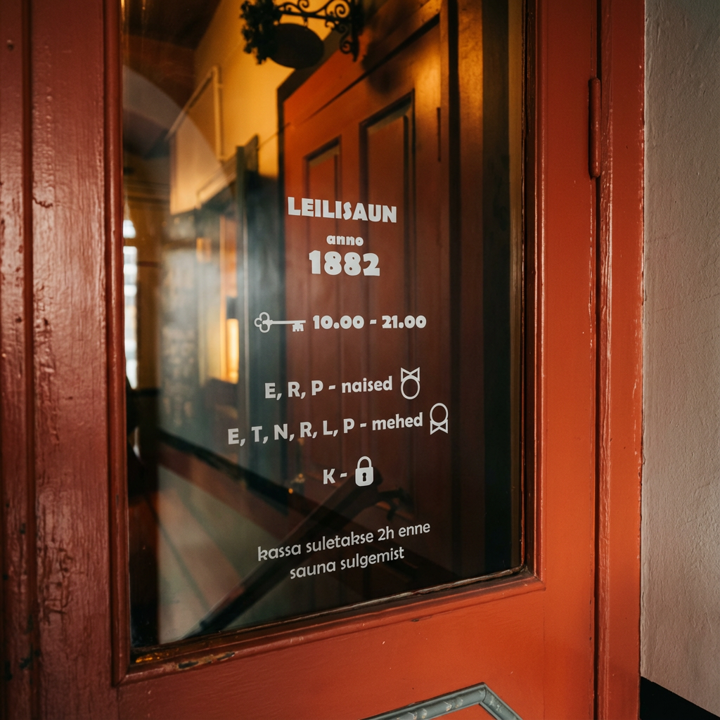 Leili Saun入口案内板｜1882年創業と営業時間10:00-21:00の表示、男女別サウナ案内と2時間前の入場締切案内が記載されたガラス扉｜タリン・エストニア