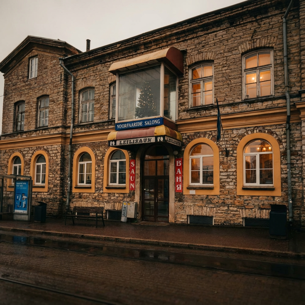 Leili Saun外観｜1882年創業と記されたレンガ造りの歴史的建築物、路面電車が走る通り沿いに建つヨーロッパ最古の現役サウナ施設｜タリン・エストニア