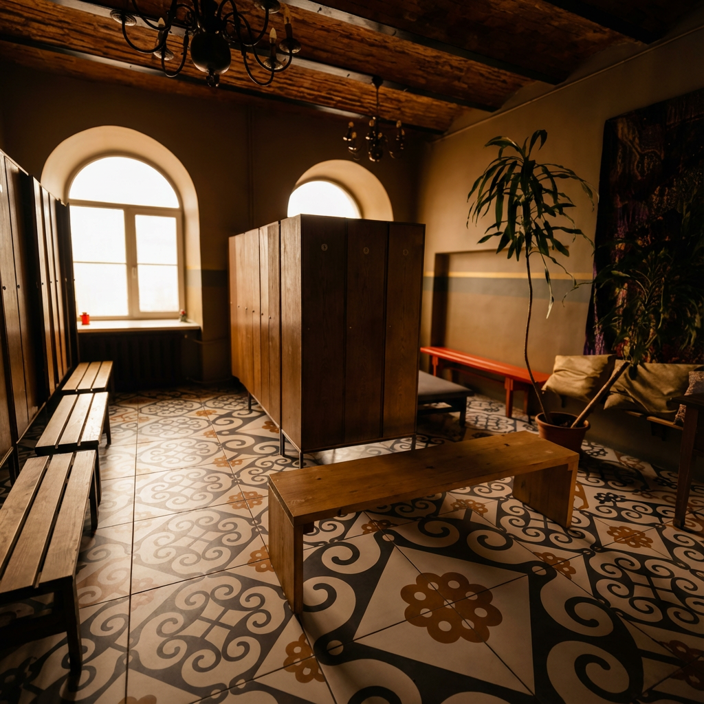 Leili Saunラウンジエリア｜アーチ窓と木製梁、皮張りソファーと観葉植物、壁面アート作品が配置された落ち着いた空間｜タリン・エストニア