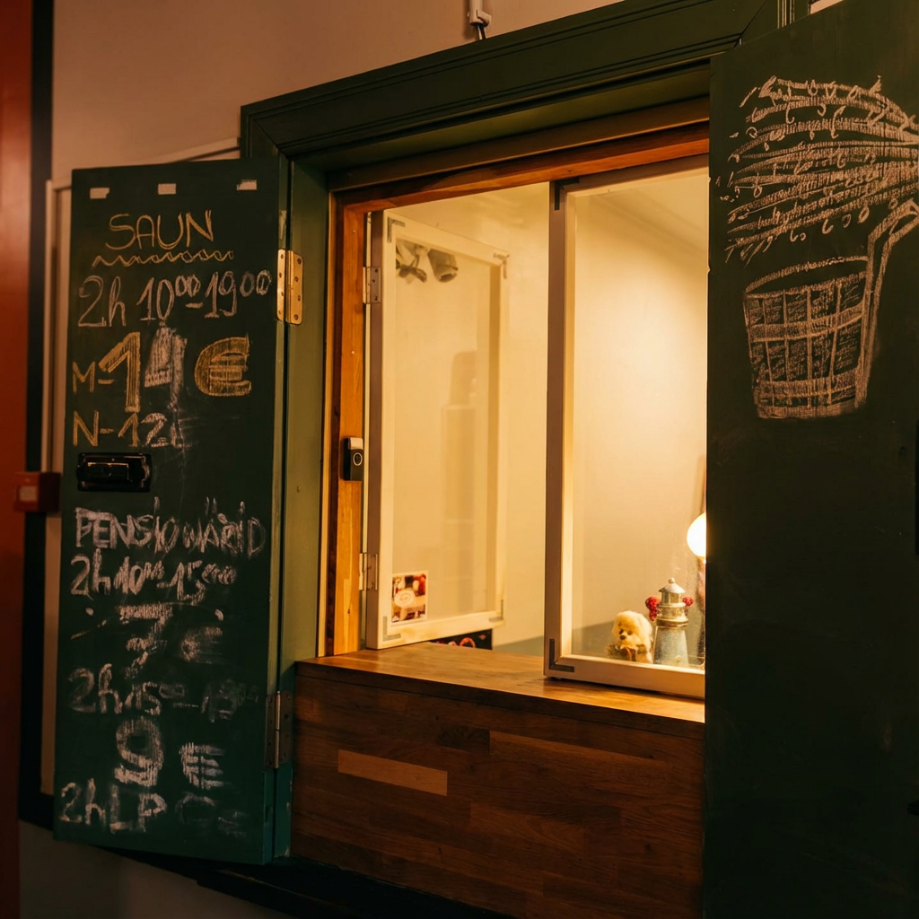 Leili Saun受付窓口｜営業時間と料金が記された緑色の黒板、木枠の小窓から見える受付スペース、サウナのイラストが描かれた案内板｜タリン・エストニア