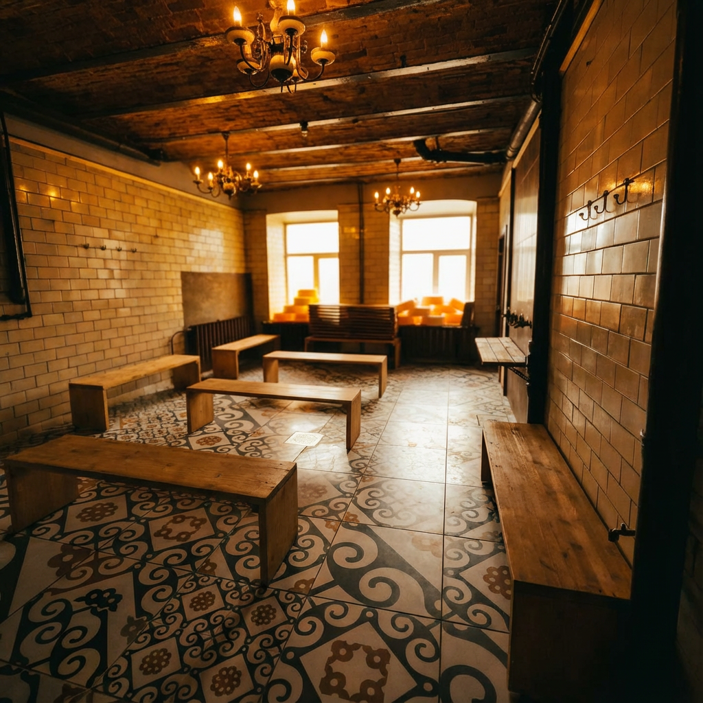 Leili Saun休憩室｜レンガのアーチ天井と装飾的なタイル床、木製ベンチが配置された明るい休憩スペース｜タリン・エストニア