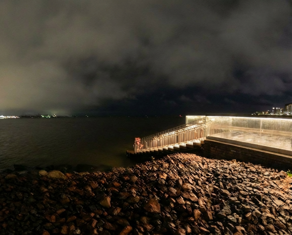 löylyヘルシンキのバルト海入水スポット｜夜景の中、ライトアップされた木製桟橋と岩場、対岸のヘルシンキ市街地の灯りが水面に映る幻想的な水風呂エリア｜フィンランド