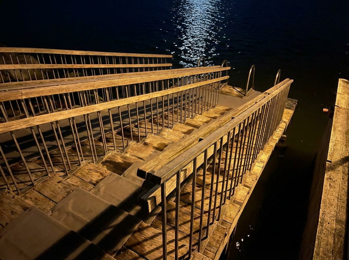 löylyヘルシンキのバルト海入水用木製桟橋を上から撮影｜金属製手すり付きの長い桟橋、先端にステンレスのハシゴ、夜の暗いバルト海に水面の波紋が光る、安全性を考慮した設計｜フィンランド・ヘルシンキ湾岸