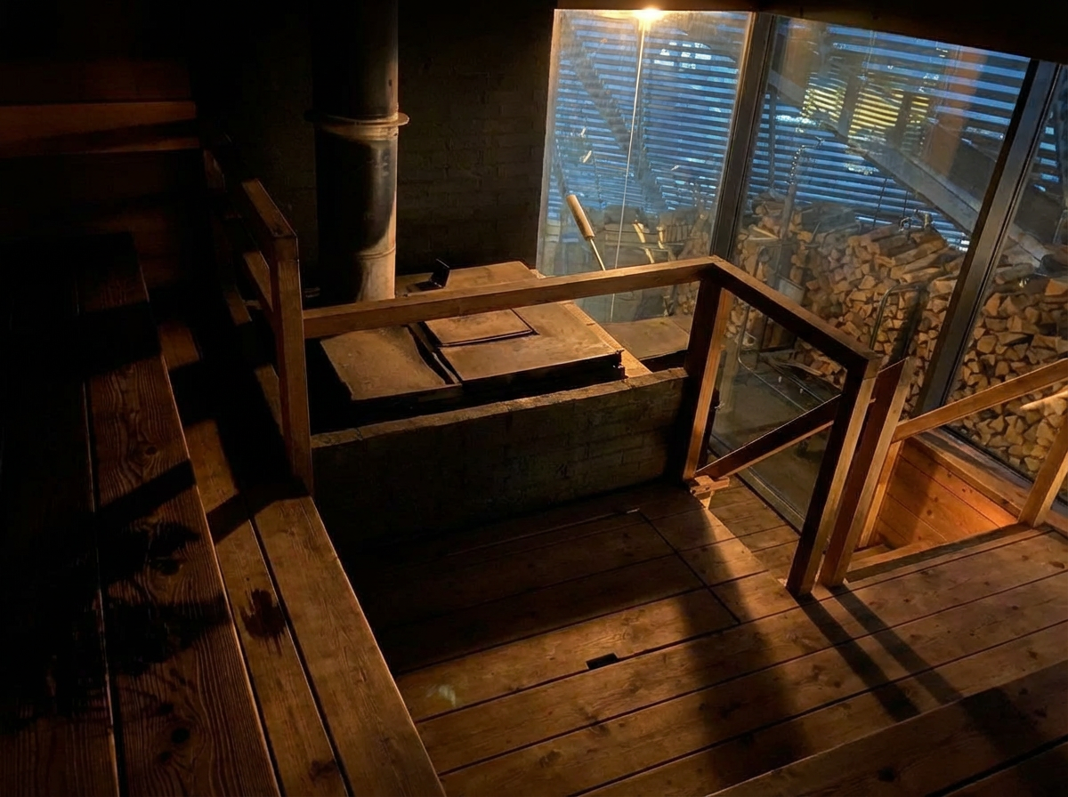 löylyヘルシンキのサウナ室内｜木製階段を上がった2階座面、中央に設置された黒い薪ストーブ、ガラス窓から差し込む自然光と積まれた薪が見える落ち着いた空間｜フィンランド・ヘルシンキ
