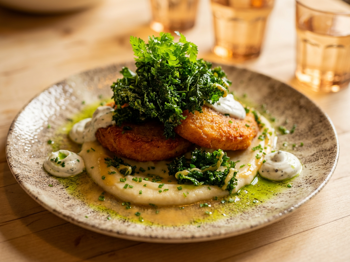 löyly併設レストランのフィンランド料理｜グレーの陶器皿に盛られた焼き魚とケール、マッシュポテト、白いソースが添えられた北欧らしいプレゼンテーション｜ヘルシンキ