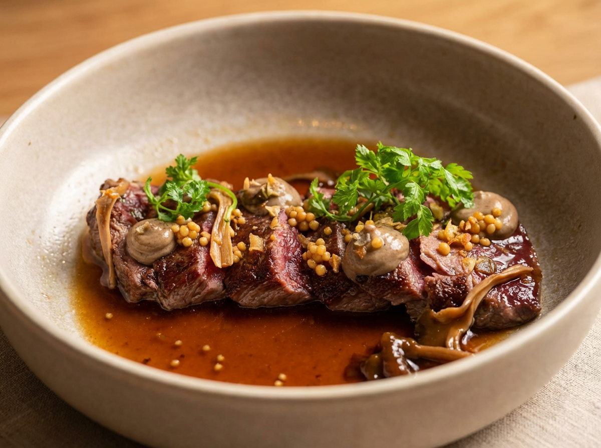 löyly併設レストランのトナカイ肉料理｜グレーの深皿に盛られたトナカイのたたき（ミディアムレアのトナカイロース）、マッシュルーム、エノキダケ、マスタードシード、濃厚なソースが絡んだフィンランドの伝統料理｜ヘルシンキ