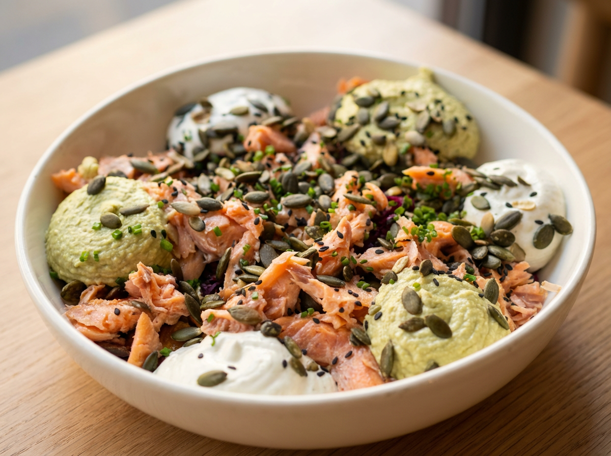 löyly併設レストランのサーモン料理｜白い陶器ボウルに盛られたフレーク状のサーモン、アボカドペースト、サワークリーム、かぼちゃの種がトッピングされたヘルシーな一皿｜フィンランド・ヘルシンキ