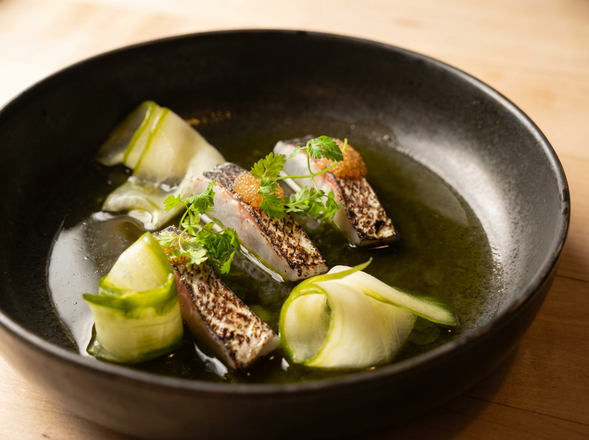 löyly併設レストランの魚料理｜黒い陶器ボウルに盛られた白身魚のグリル、きゅうりのピクルス、ディルが添えられた繊細なプレゼンテーション｜フィンランド・ヘルシンキ