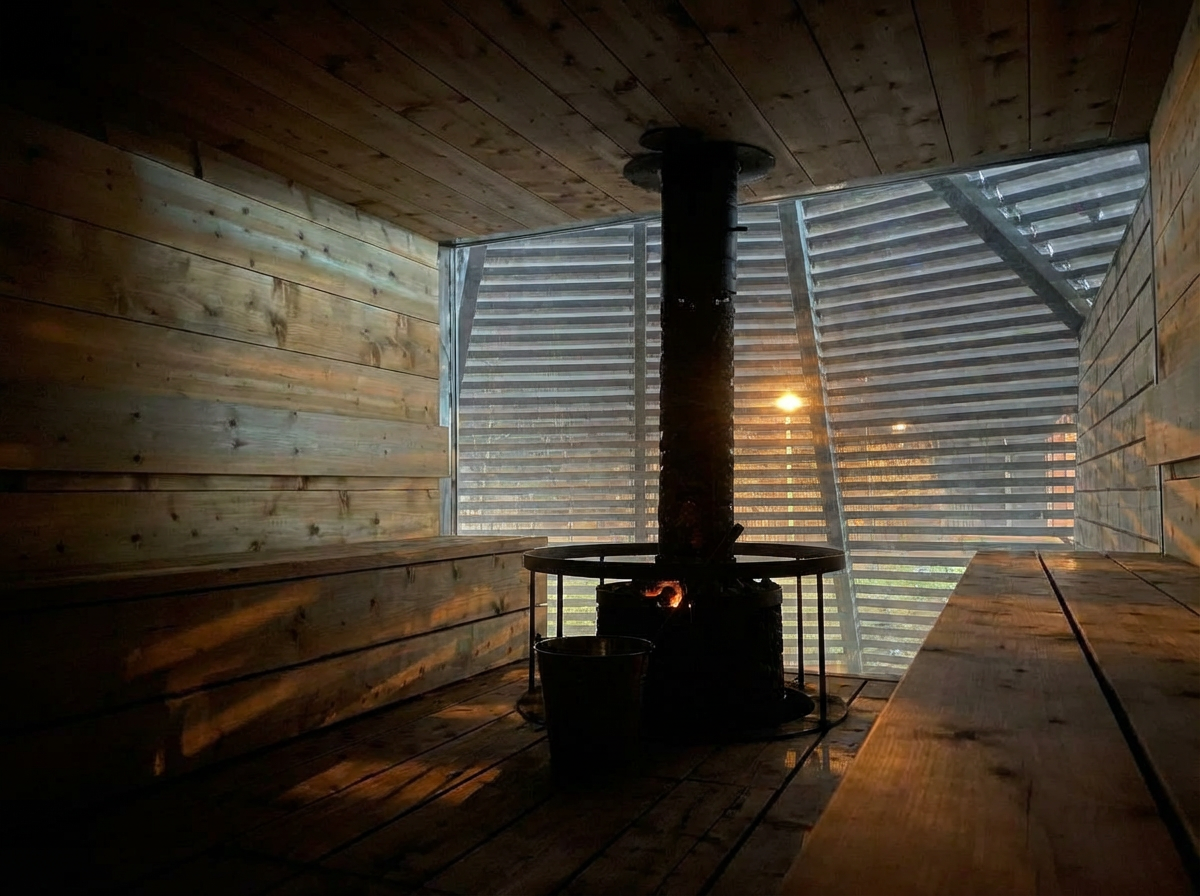 löylyヘルシンキの薪ストーブサウナ室内｜中央に黒い円柱型薪ストーブ、左右に木製L字型2段座面、ガラスルーバー窓から自然光が差し込む明るい雰囲気、天井まで続く木製内装｜フィンランド・ヘルシンキ