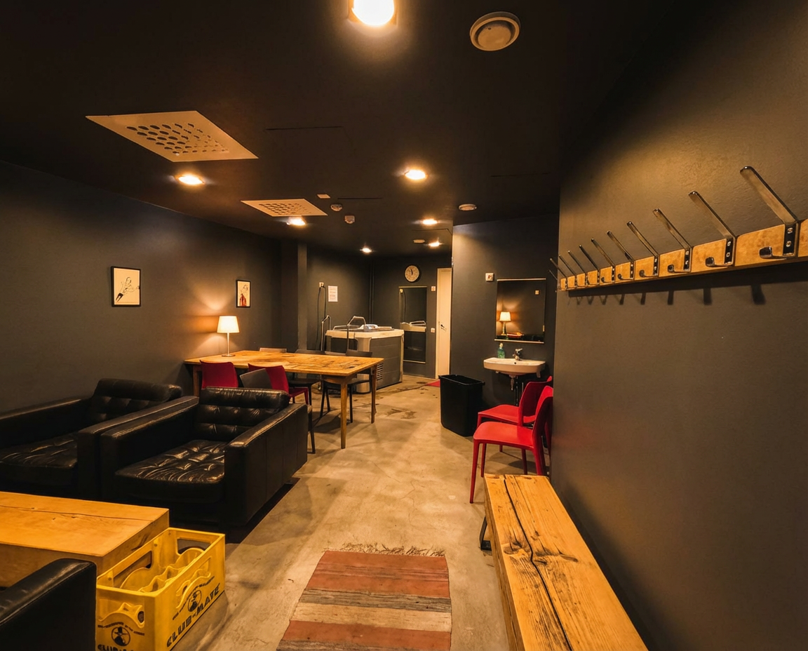 uusi sauna個室サウナエリア｜赤い椅子と黒いソファが配置された現代的な更衣室、壁面にはロッカーとフック、木製テーブルとコンクリート床のスタイリッシュな空間｜ヘルシンキ