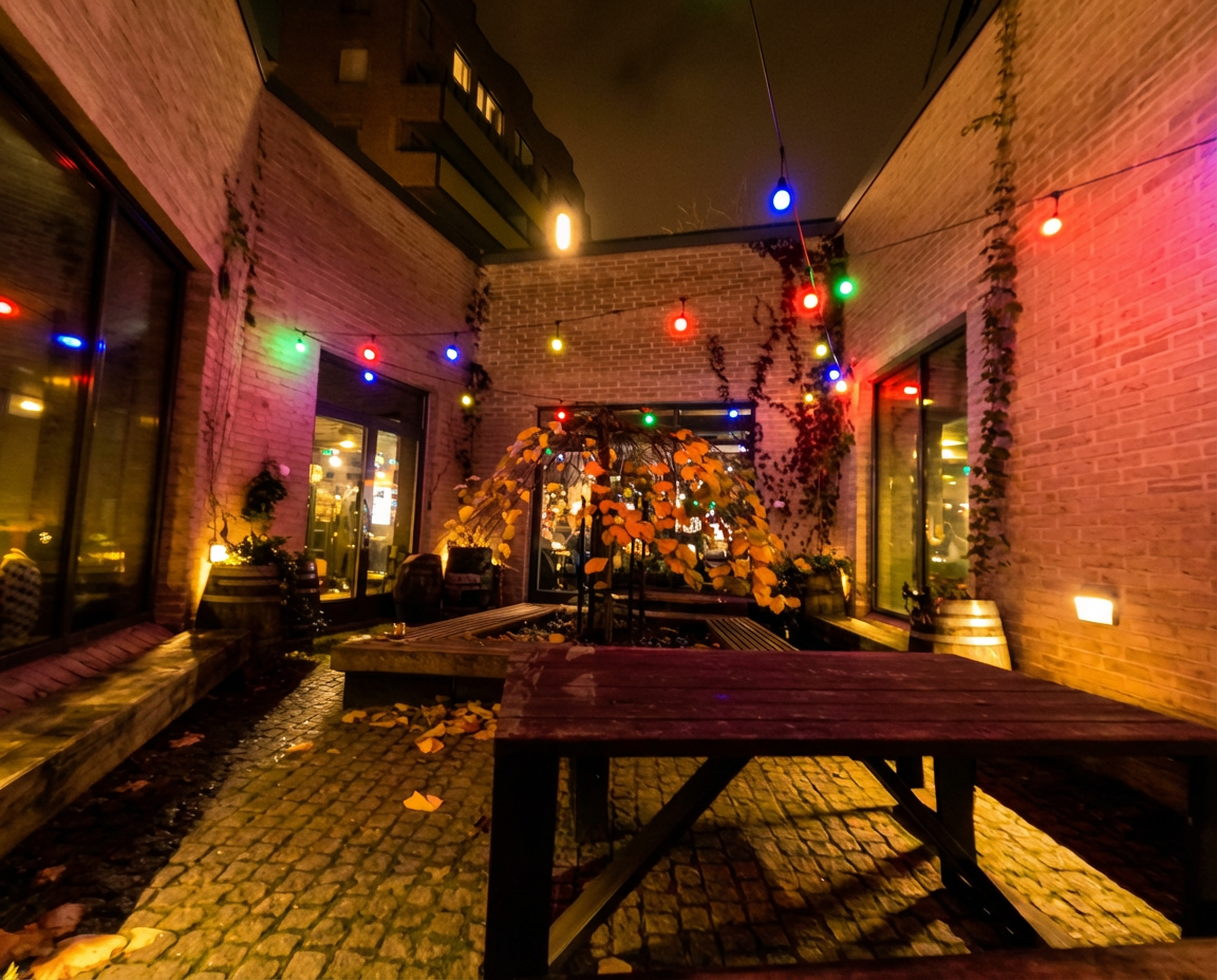 uusi sauna中庭の外気浴スペース｜赤青緑の電飾ライトが吊るされたレンガ壁の中庭、木製ベンチとテーブルが配置され黄葉した植栽が秋の雰囲気を演出｜ヘルシンキ・都市型サウナ