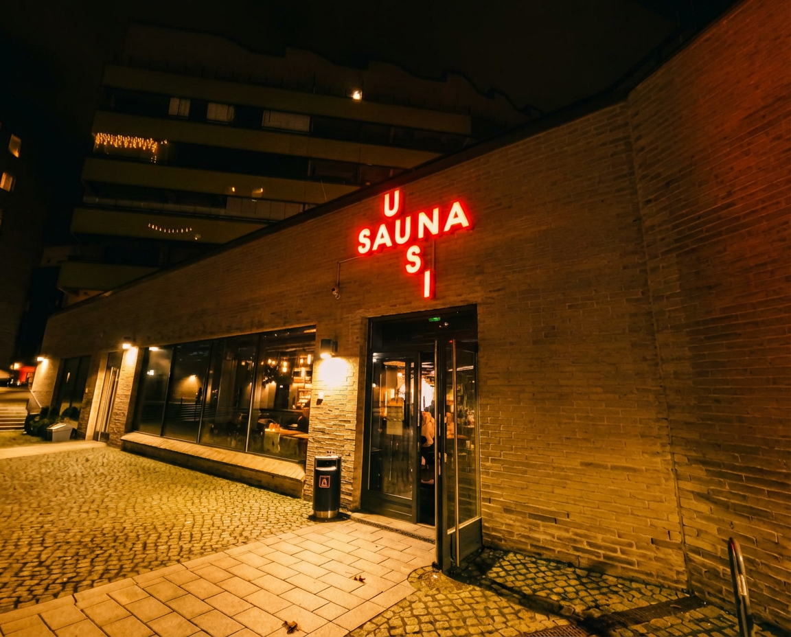 uusi sauna（ウーシサウナ）外観｜赤いネオンサイン「UUSI SAUNA」が夜の住宅街を照らすレンガ造りの建物、ガラス張りのエントランスから温かい光が漏れる都市型サウナ施設｜フィンランド・ヘルシンキ