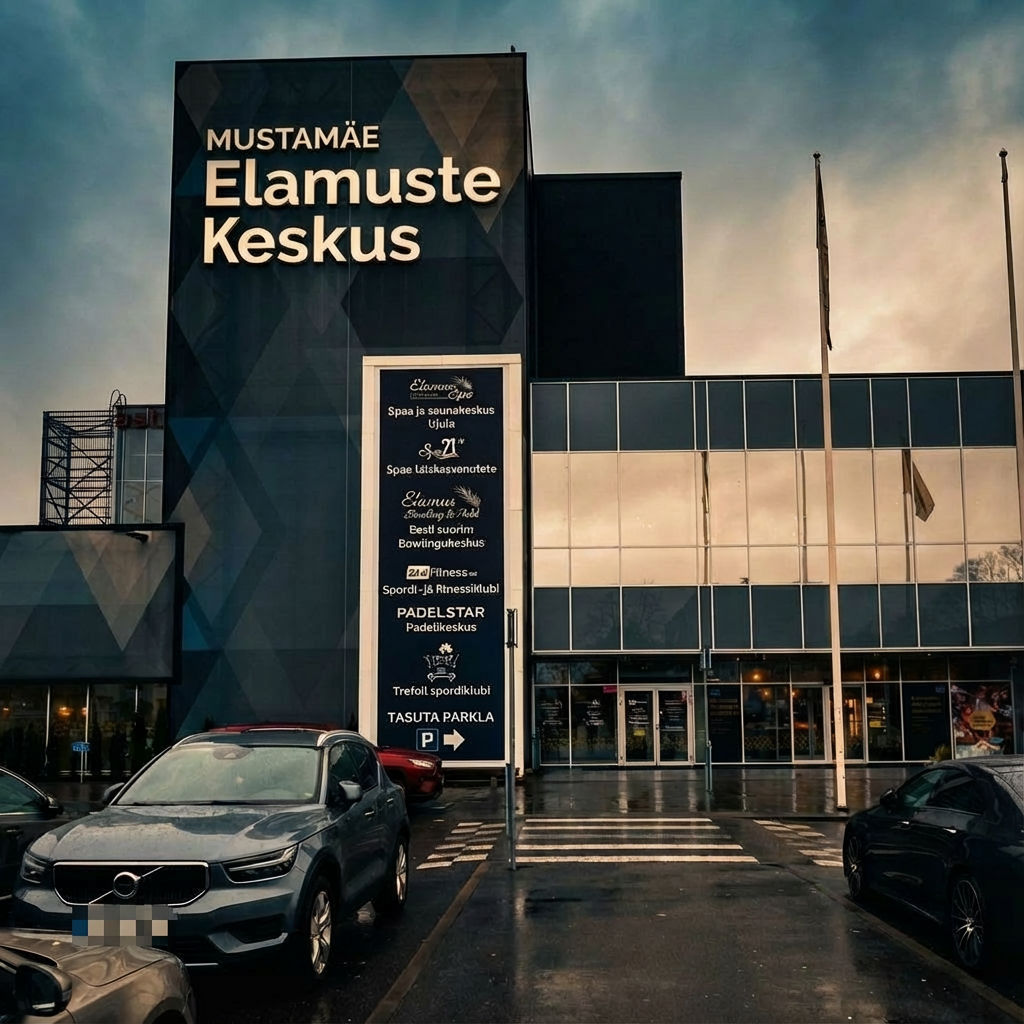 Elamus Spa（エラムス・スパ）の外観｜夕暮れ時の近代的な複合施設ビル、黒とガラスの外壁、大きな看板に「MUSTAMÄE Elamuste Keskus」の文字、駐車場と横断歩道｜エストニア・タリン市ムスタマエ地区Akadeemia tee 30