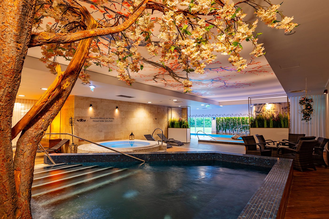 Elamus Spa日本の桜温泉エリア｜把瑠都関監修の和風空間、天井から枝を伸ばす桜の木（造花）、階段状に配置された温泉プールとジャグジー、木製フローリングと竹の装飾、緑の植物と提灯の照明｜エストニアで日本を感じる癒やしの空間｜タリン・ムスタマエ