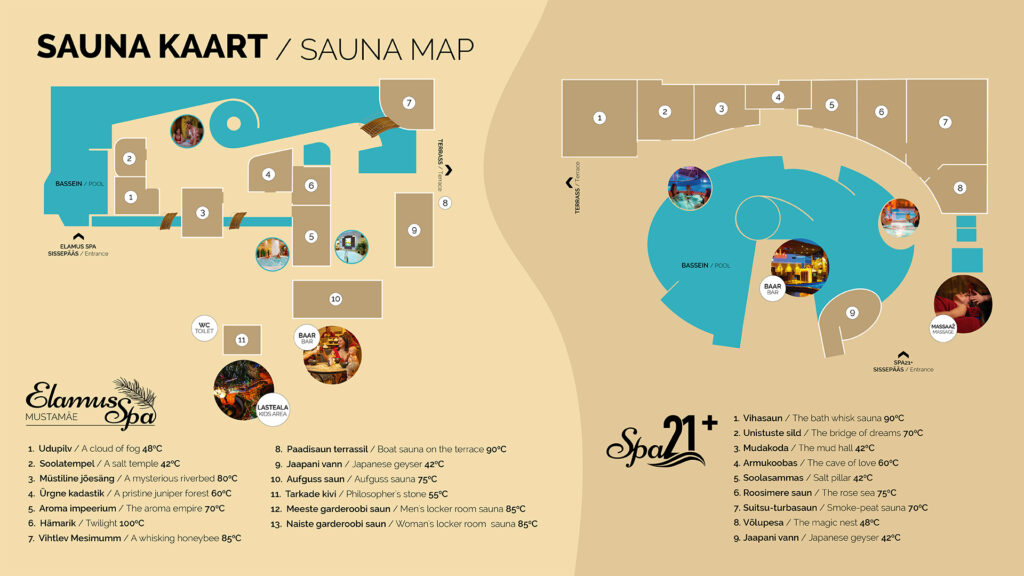 Elamus Spaのサウナマップ｜22種類のサウナ配置図、左側に通常エリア13種類（蜂の巣サウナ、船サウナ、塩サウナなど）、右側に21+大人エリア9種類（泥サウナ、スモークサウナ）、中央にプールとバー｜エストニア・タリン